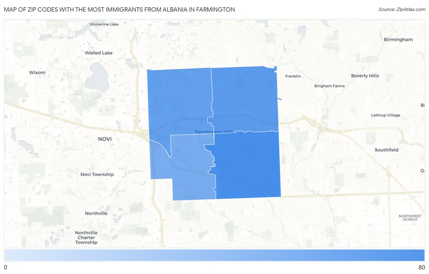 Zip Codes with the Most Immigrants from Albania in Farmington Map