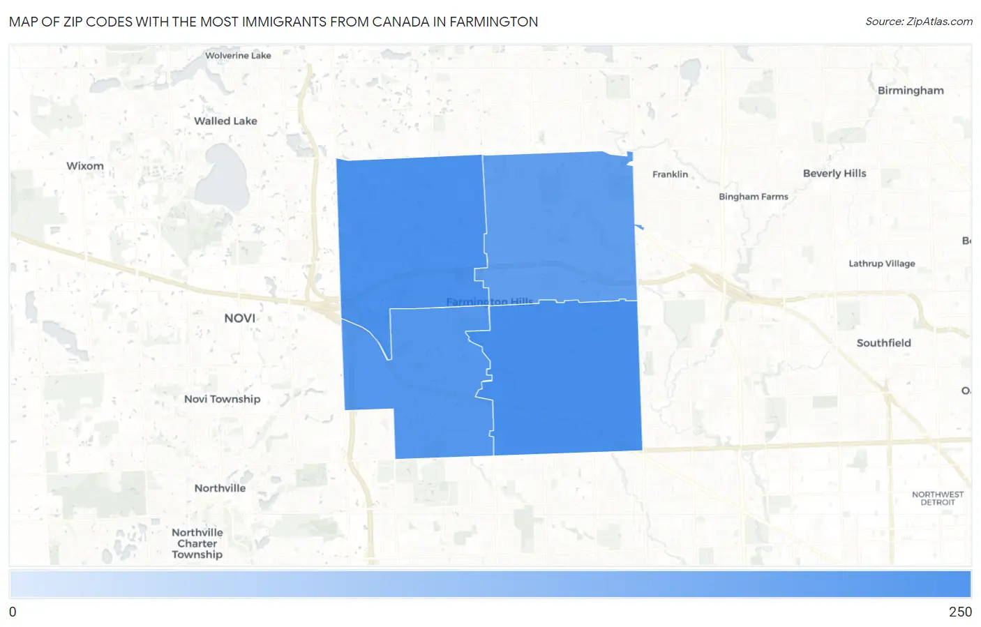 Zip Codes with the Most Immigrants from Canada in Farmington Map