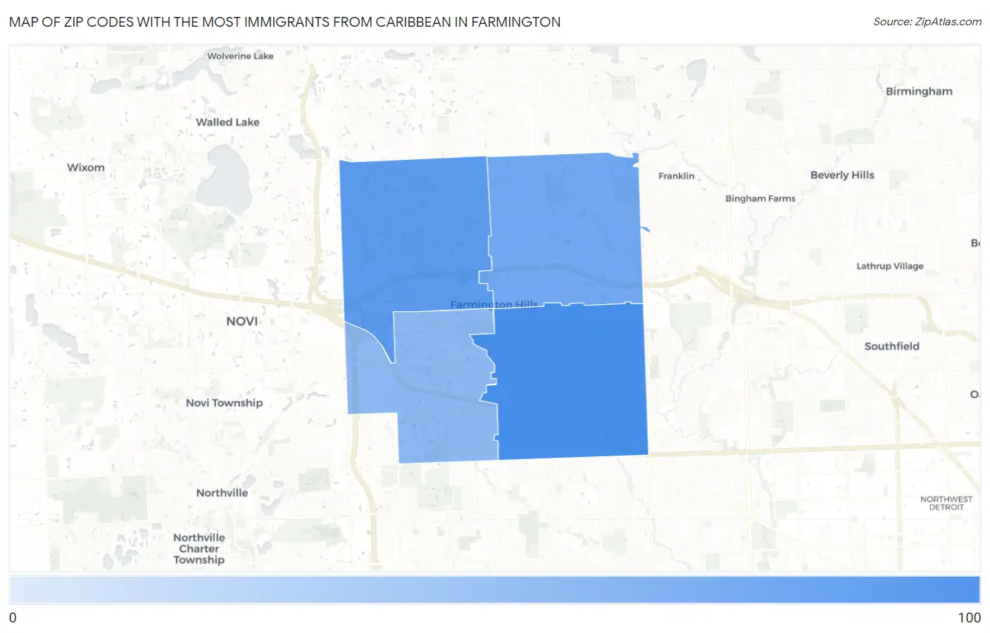 Zip Codes with the Most Immigrants from Caribbean in Farmington Map