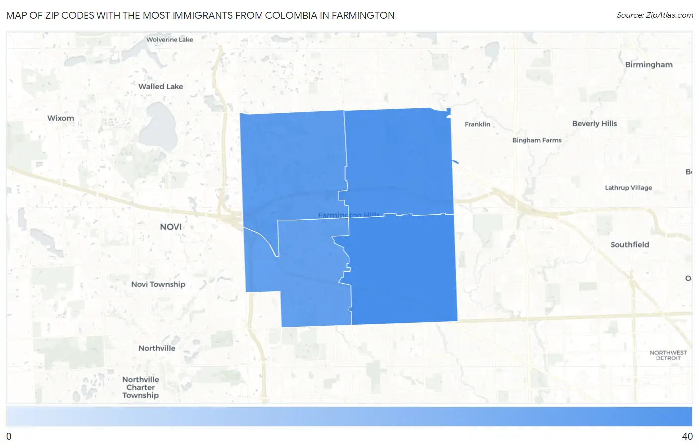 Zip Codes with the Most Immigrants from Colombia in Farmington Map