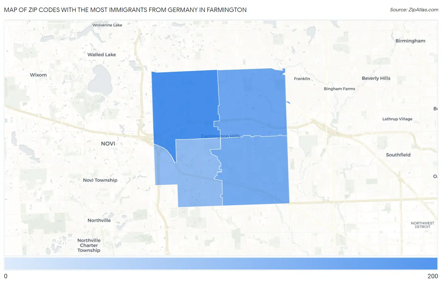 Zip Codes with the Most Immigrants from Germany in Farmington Map