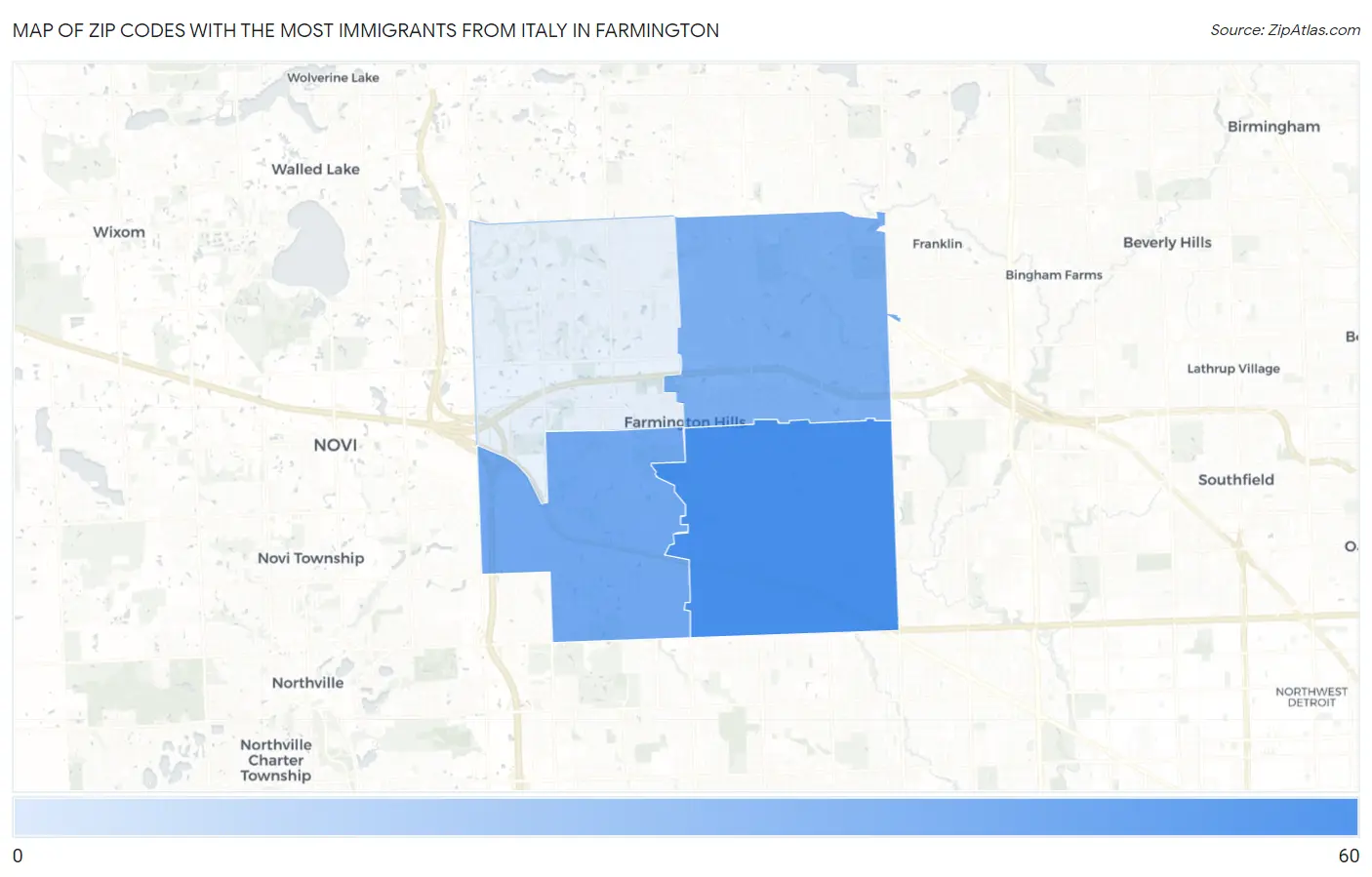 Zip Codes with the Most Immigrants from Italy in Farmington Map