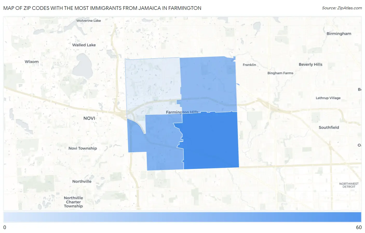 Zip Codes with the Most Immigrants from Jamaica in Farmington Map