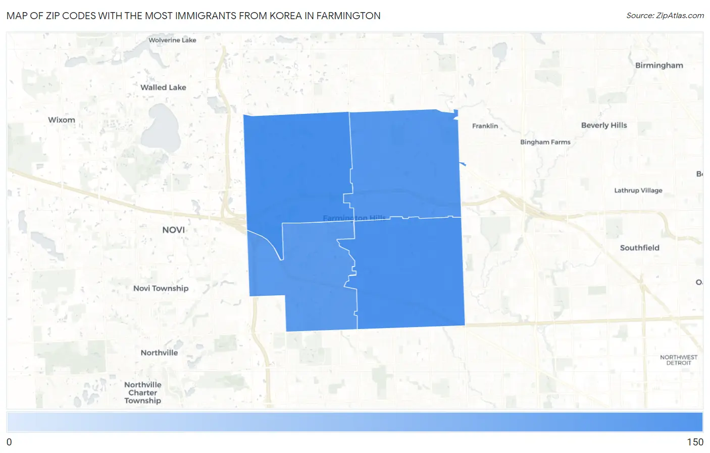 Zip Codes with the Most Immigrants from Korea in Farmington Map
