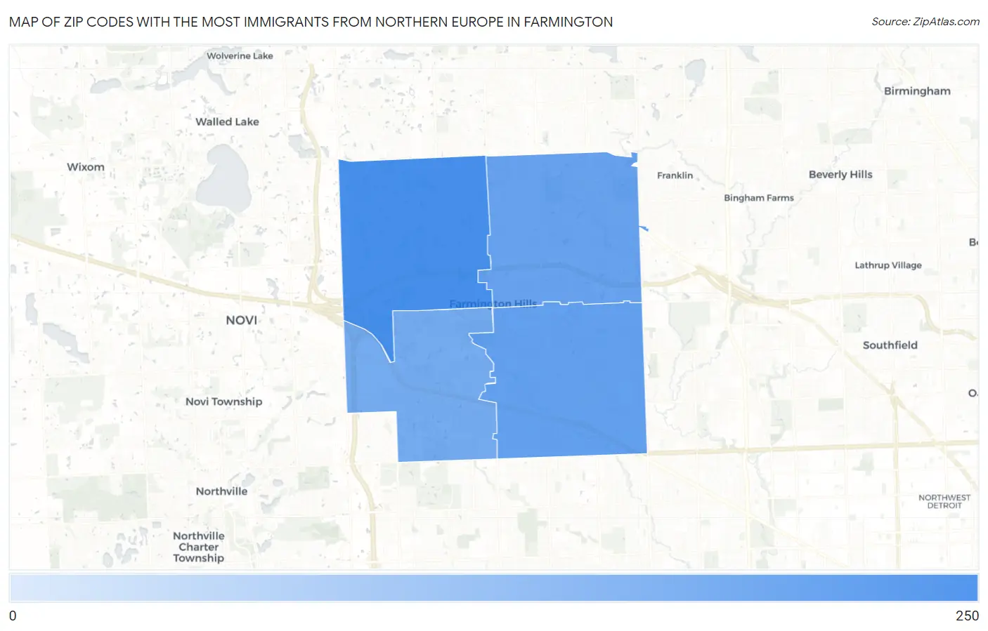 Zip Codes with the Most Immigrants from Northern Europe in Farmington Map
