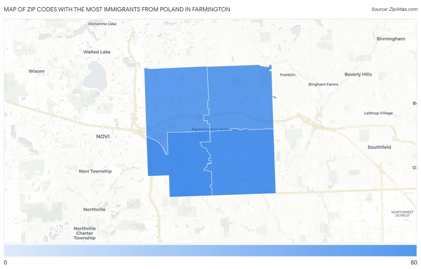 Zip Codes with the Most Immigrants from Poland in Farmington Map