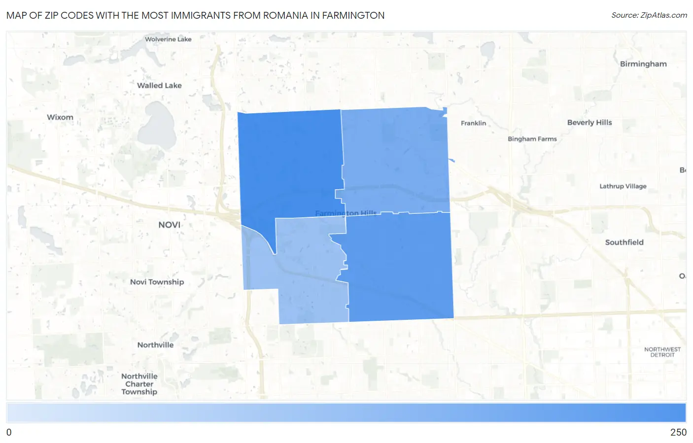 Zip Codes with the Most Immigrants from Romania in Farmington Map