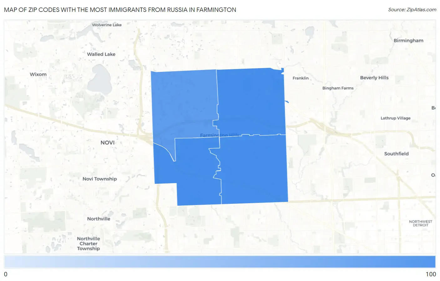 Zip Codes with the Most Immigrants from Russia in Farmington Map