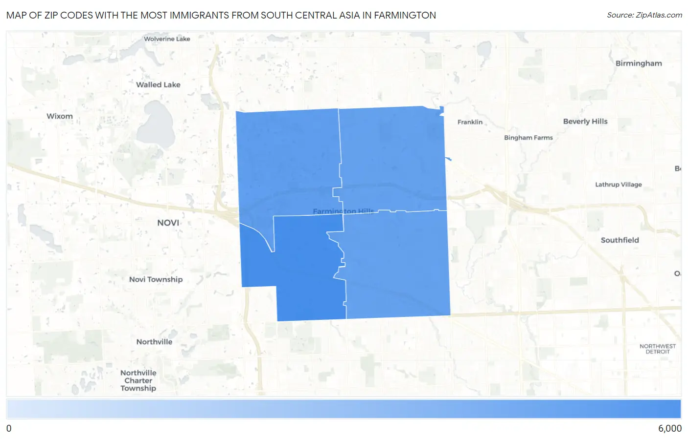 Zip Codes with the Most Immigrants from South Central Asia in Farmington Map