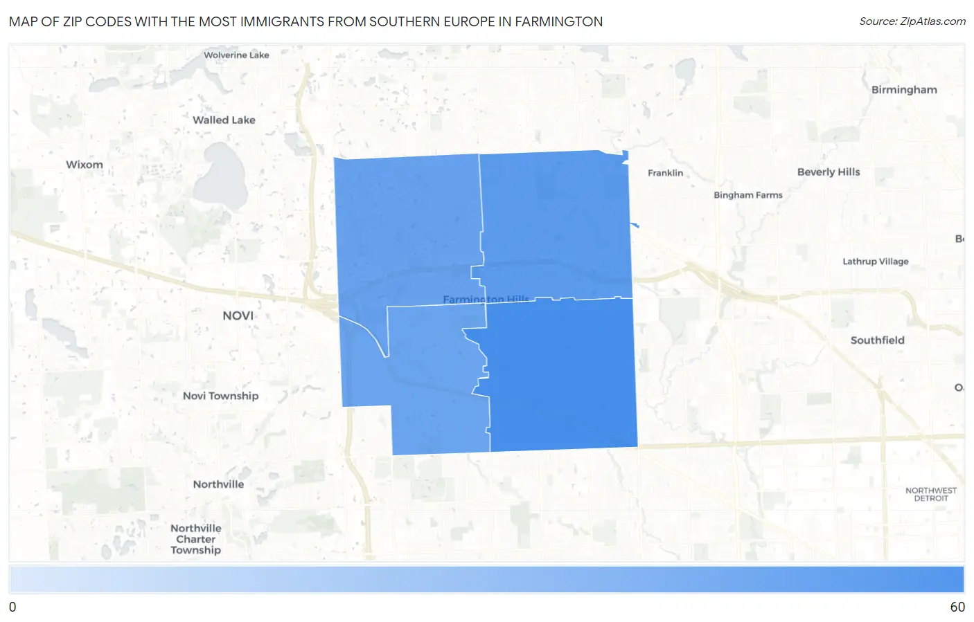 Zip Codes with the Most Immigrants from Southern Europe in Farmington Map