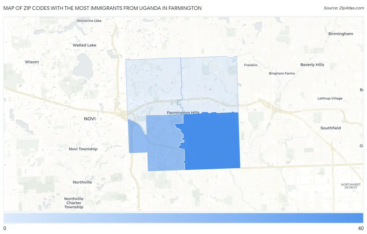 Zip Codes with the Most Immigrants from Uganda in Farmington Map