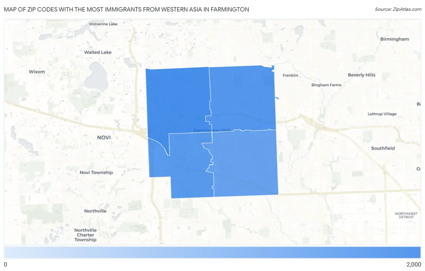 Zip Codes with the Most Immigrants from Western Asia in Farmington Map