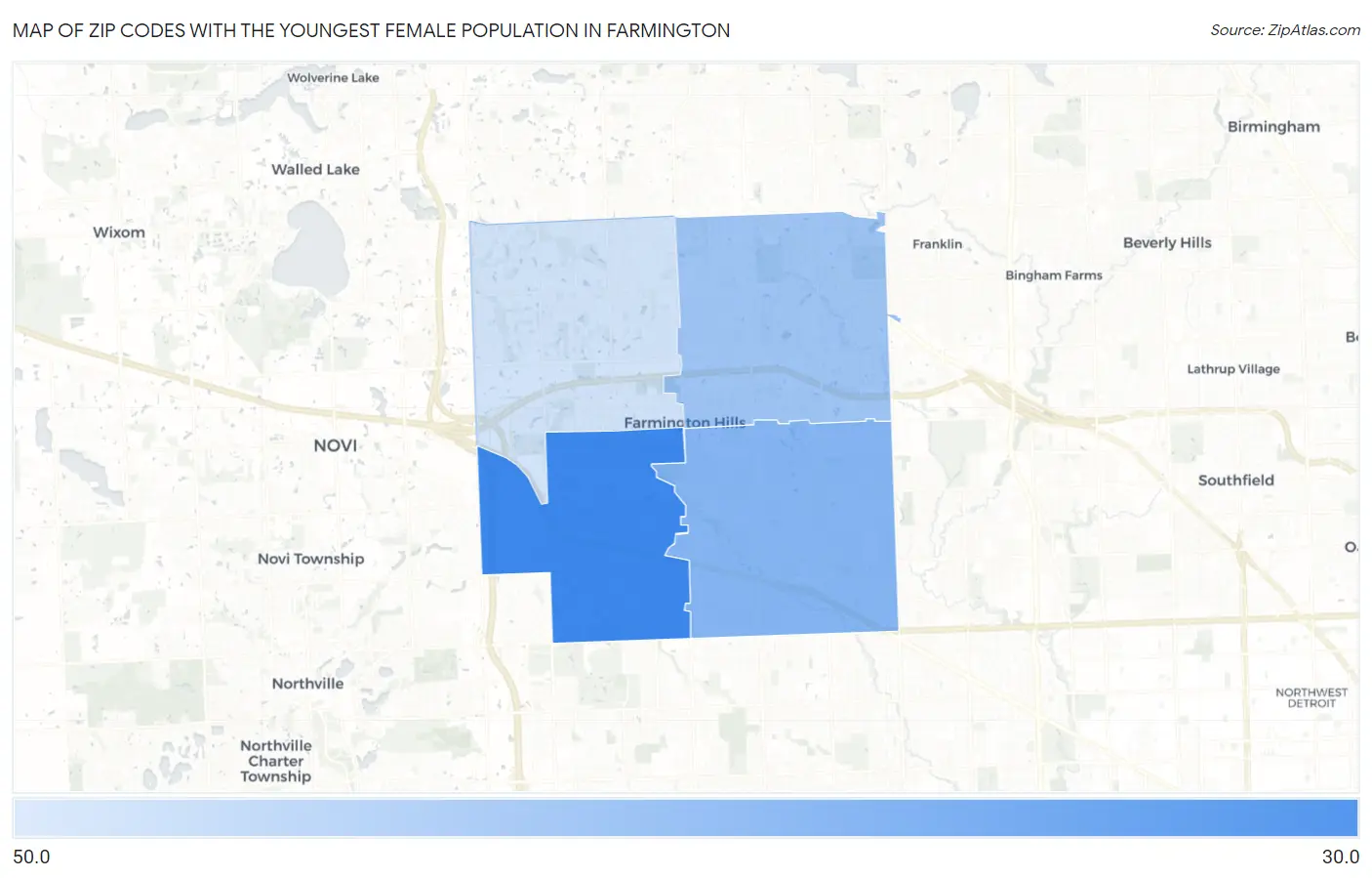 Zip Codes with the Youngest Female Population in Farmington Map