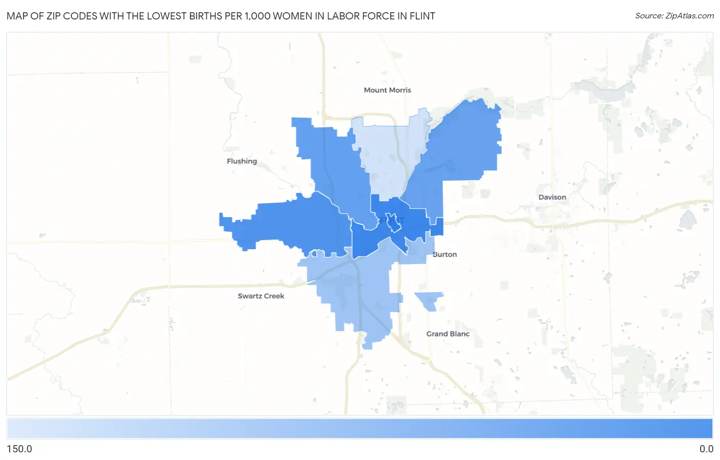 Zip Codes with the Lowest Births per 1,000 Women in Labor Force in Flint Map