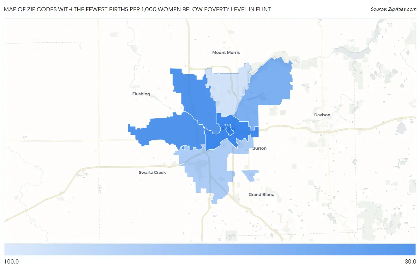 Zip Codes with the Fewest Births per 1,000 Women Below Poverty Level in Flint Map