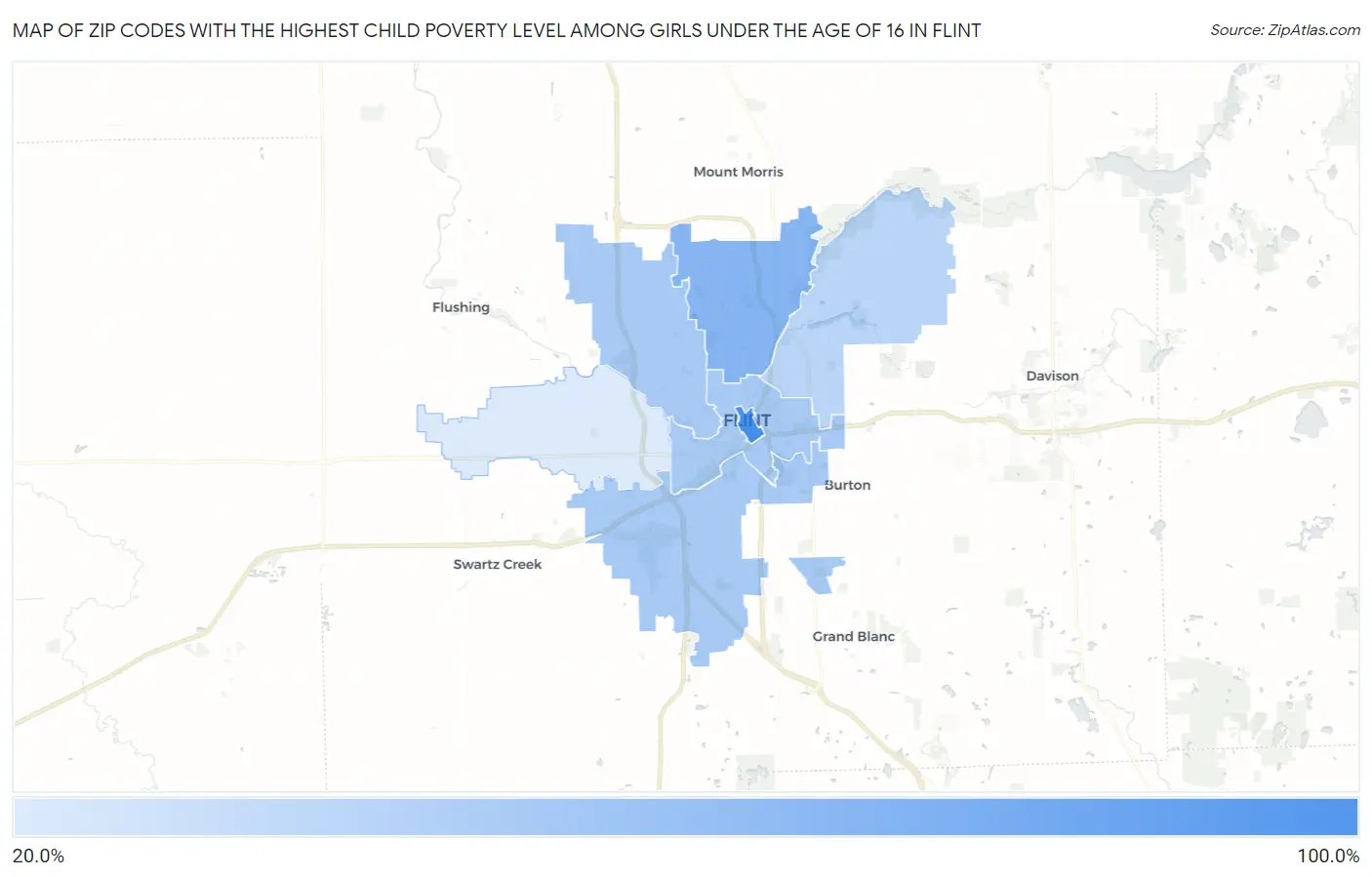 Zip Codes with the Highest Child Poverty Level Among Girls Under the Age of 16 in Flint Map