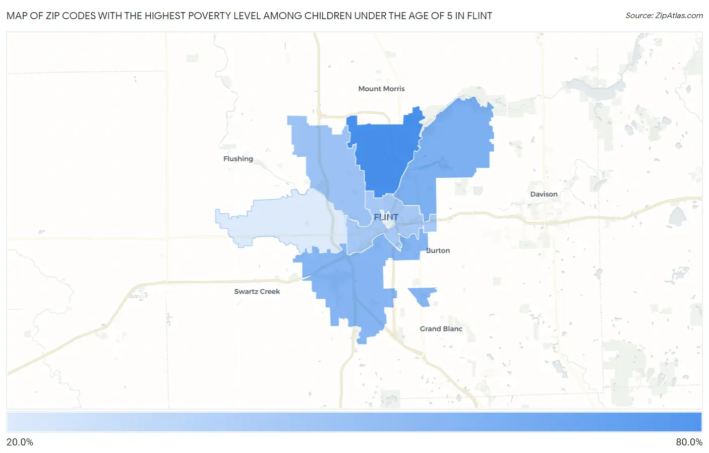 Zip Codes with the Highest Poverty Level Among Children Under the Age of 5 in Flint Map
