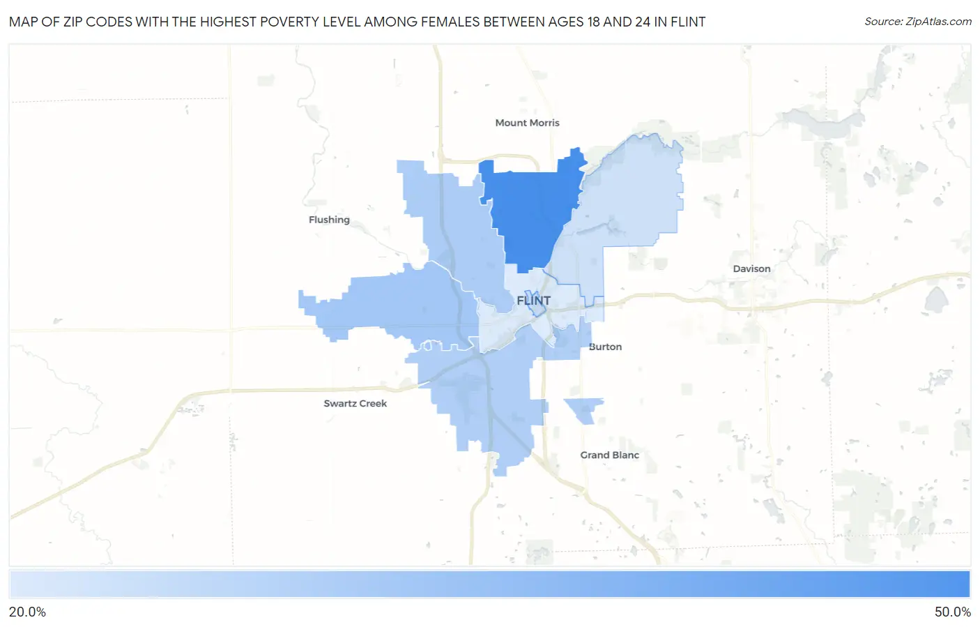 Zip Codes with the Highest Poverty Level Among Females Between Ages 18 and 24 in Flint Map