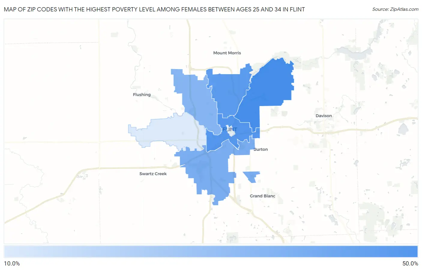 Zip Codes with the Highest Poverty Level Among Females Between Ages 25 and 34 in Flint Map