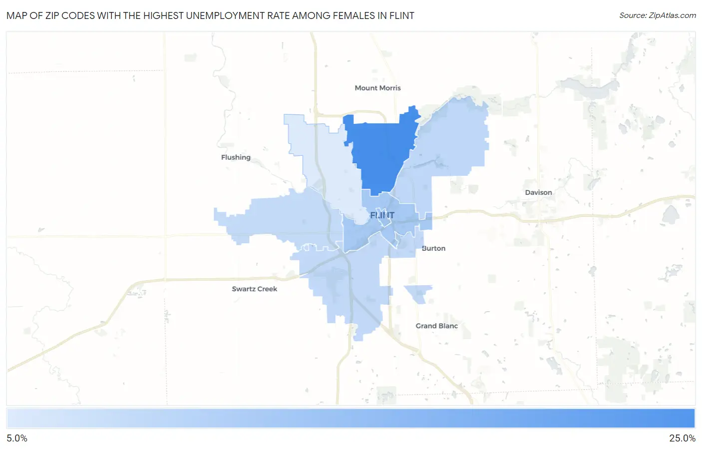 Zip Codes with the Highest Unemployment Rate Among Females in Flint Map