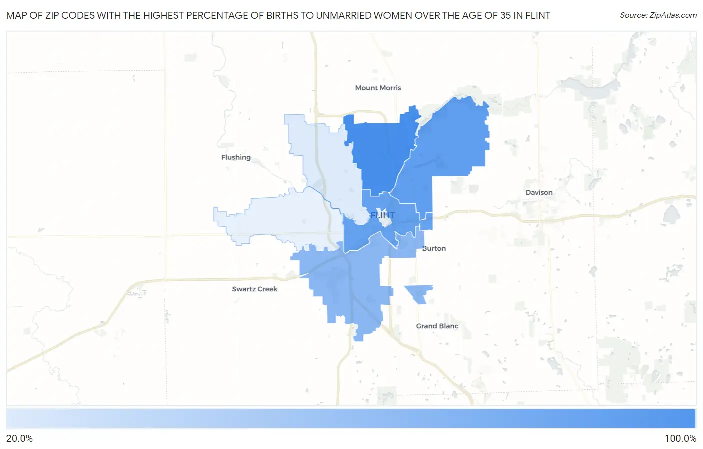 Zip Codes with the Highest Percentage of Births to Unmarried Women over the Age of 35 in Flint Map