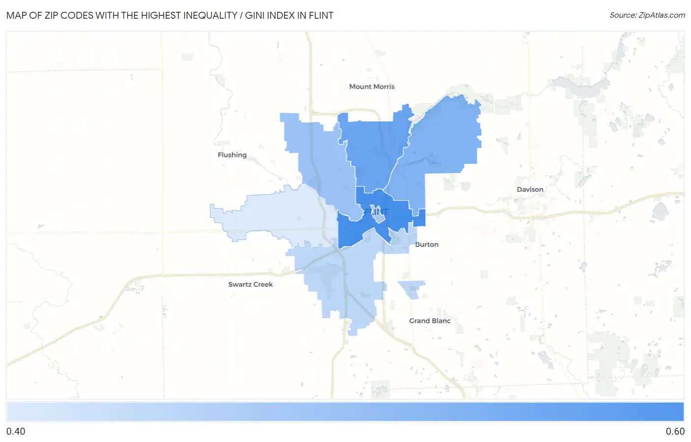 Zip Codes with the Highest Inequality / Gini Index in Flint Map