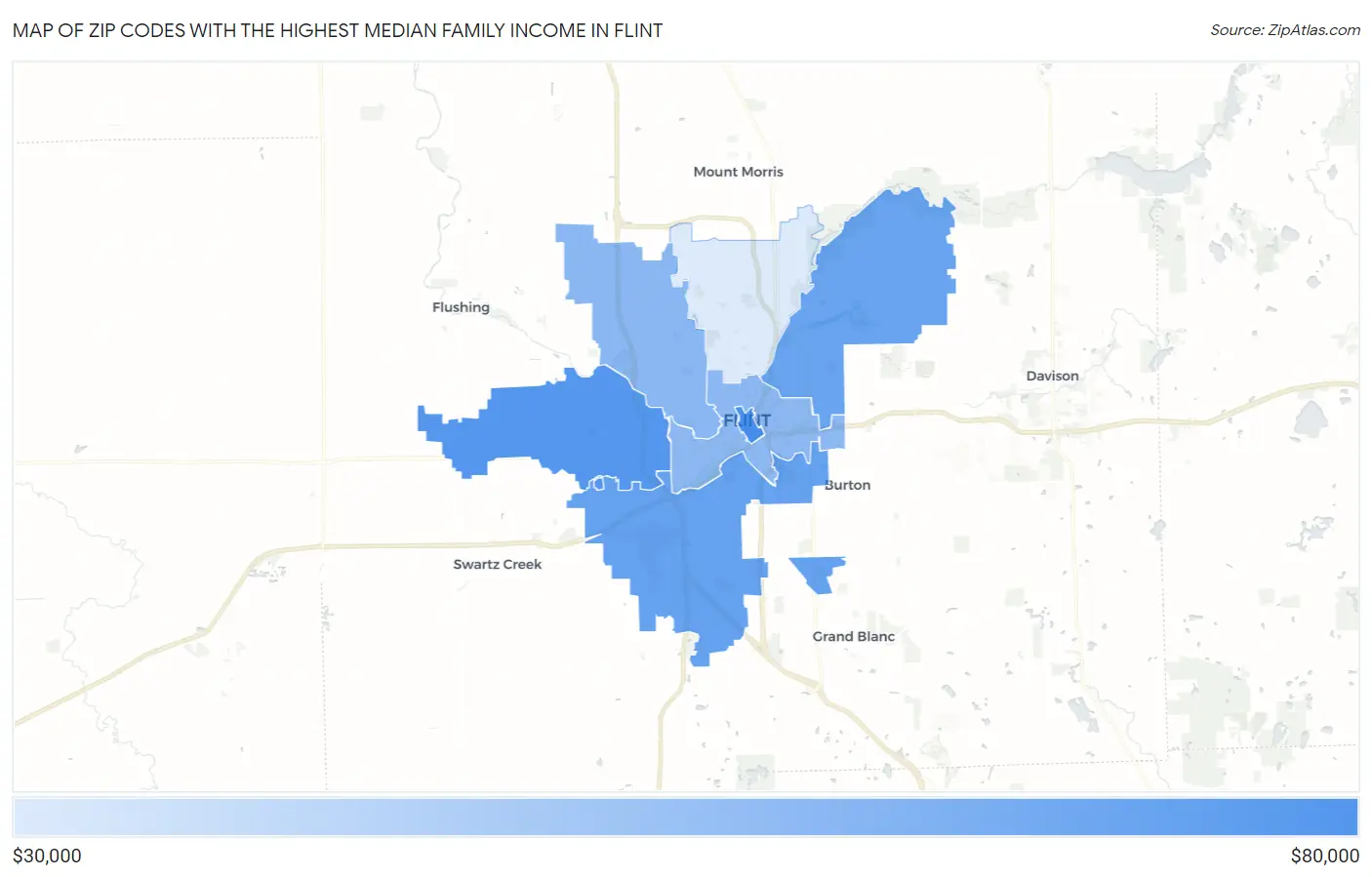 Zip Codes with the Highest Median Family Income in Flint Map