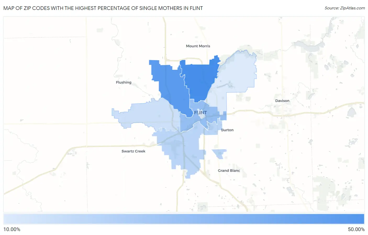 Zip Codes with the Highest Percentage of Single Mothers in Flint Map