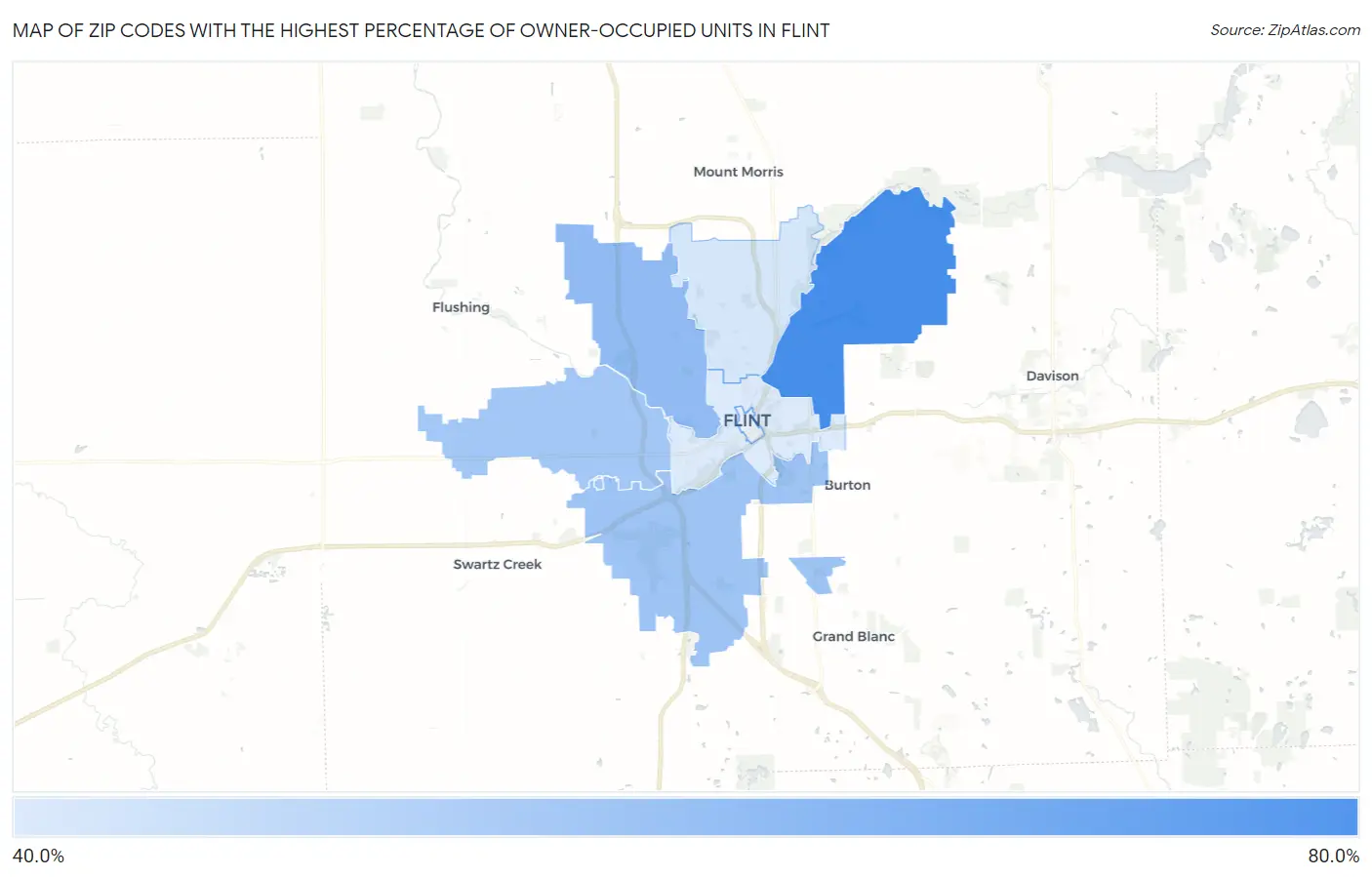 Zip Codes with the Highest Percentage of Owner-Occupied Units in Flint Map