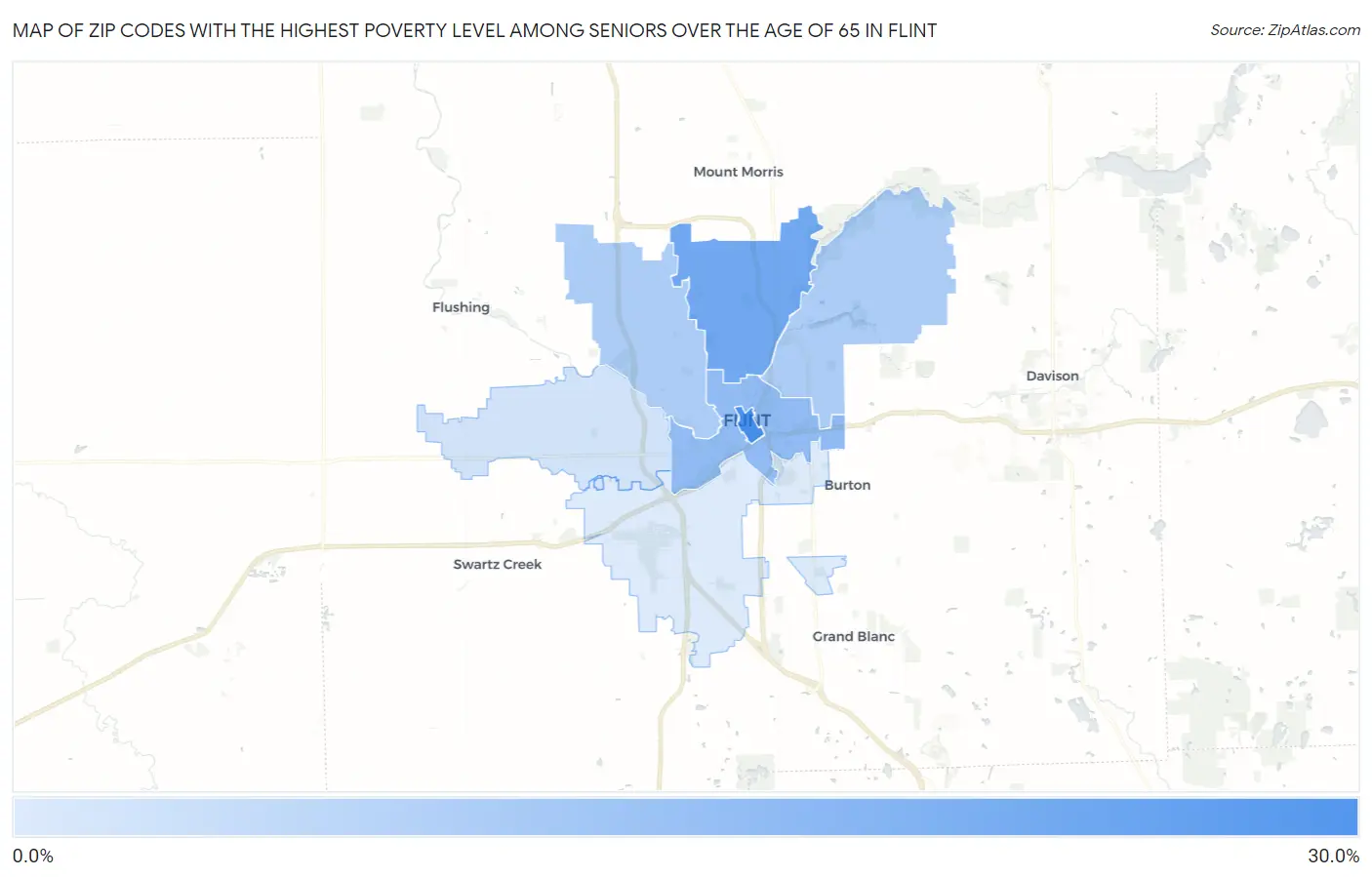 Zip Codes with the Highest Poverty Level Among Seniors Over the Age of 65 in Flint Map