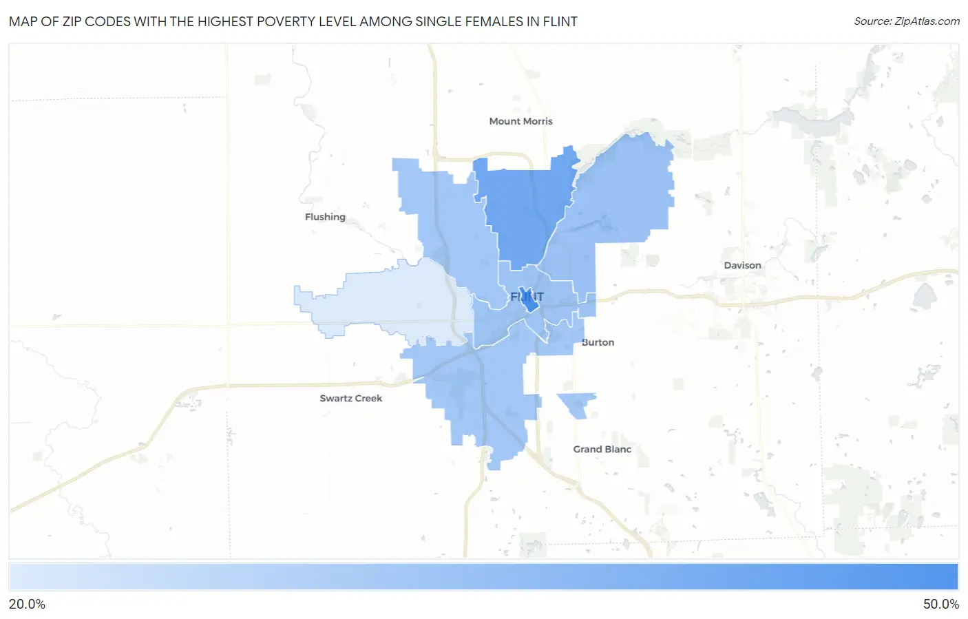 Zip Codes with the Highest Poverty Level Among Single Females in Flint Map
