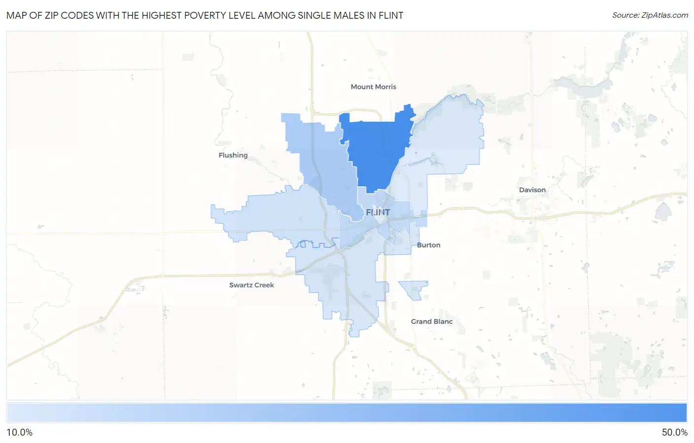 Zip Codes with the Highest Poverty Level Among Single Males in Flint Map