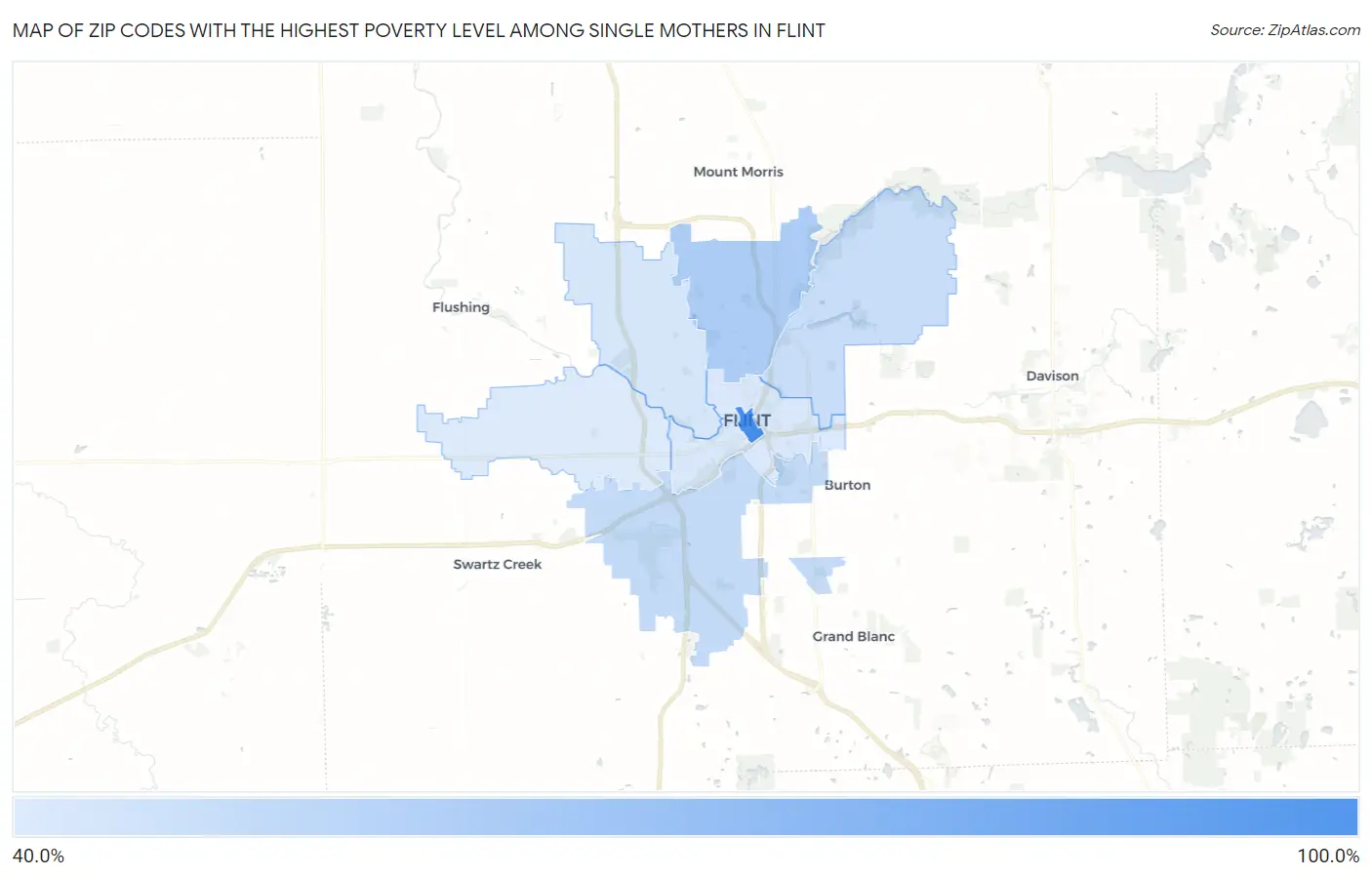 Zip Codes with the Highest Poverty Level Among Single Mothers in Flint Map
