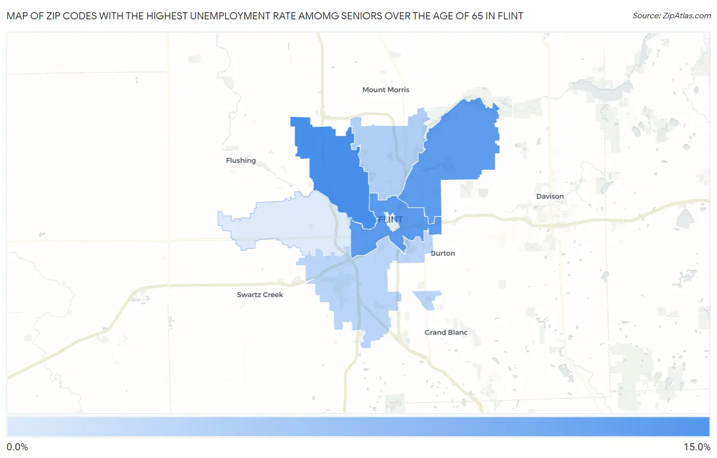 Zip Codes with the Highest Unemployment Rate Amomg Seniors Over the Age of 65 in Flint Map