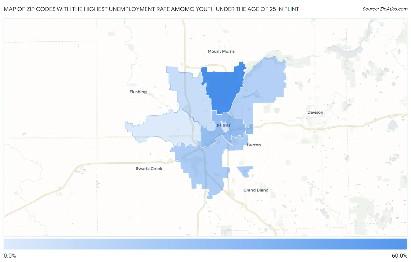 Zip Codes with the Highest Unemployment Rate Amomg Youth Under the Age of 25 in Flint Map