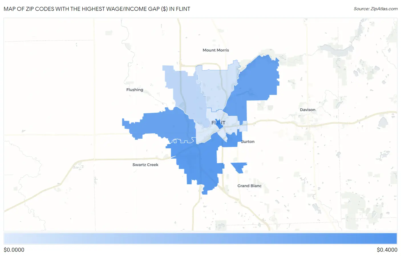 Zip Codes with the Highest Wage/Income Gap ($) in Flint Map
