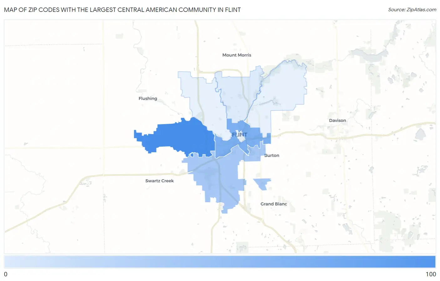 Zip Codes with the Largest Central American Community in Flint Map