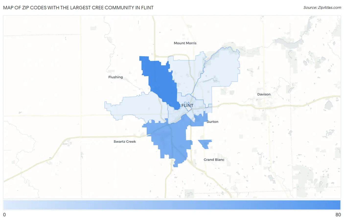 Zip Codes with the Largest Cree Community in Flint Map