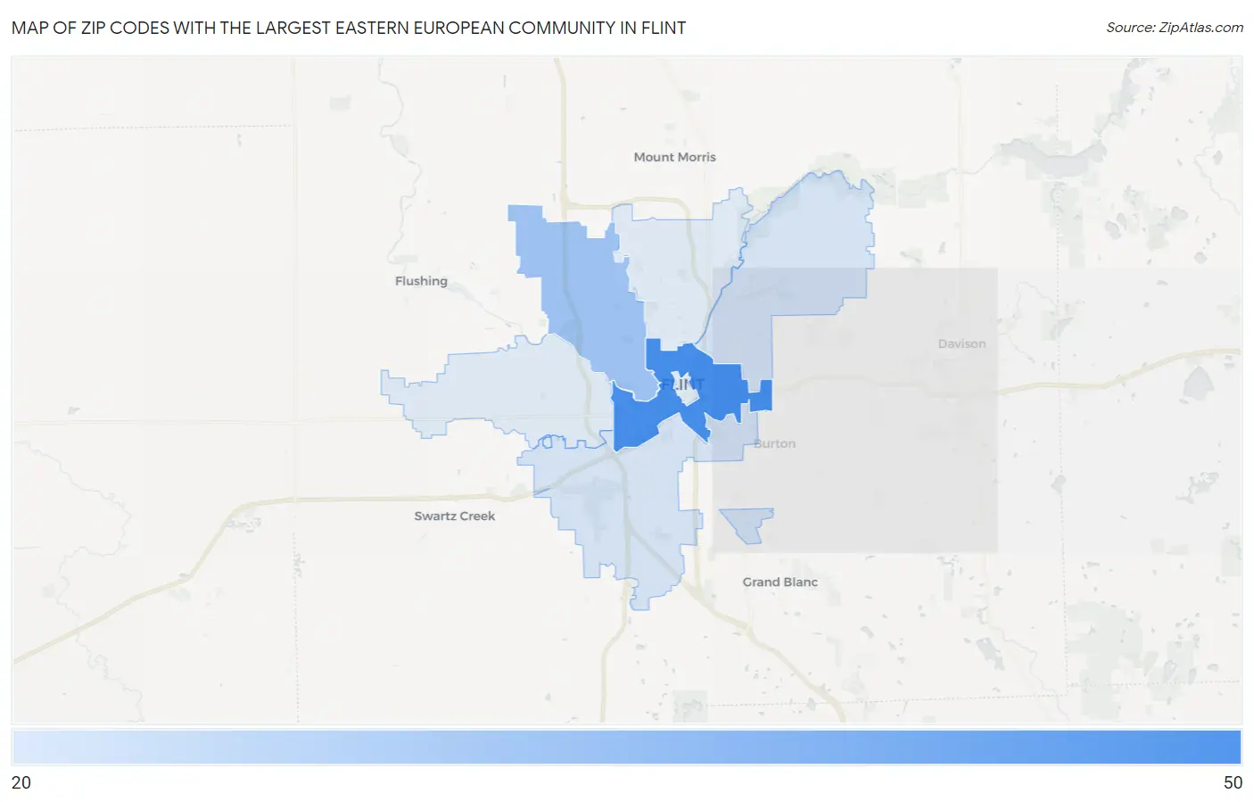 Zip Codes with the Largest Eastern European Community in Flint Map