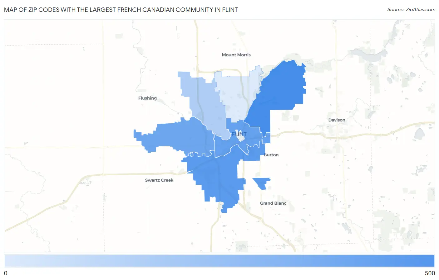 Zip Codes with the Largest French Canadian Community in Flint Map