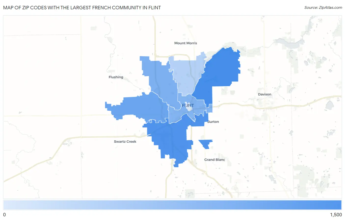 Zip Codes with the Largest French Community in Flint Map