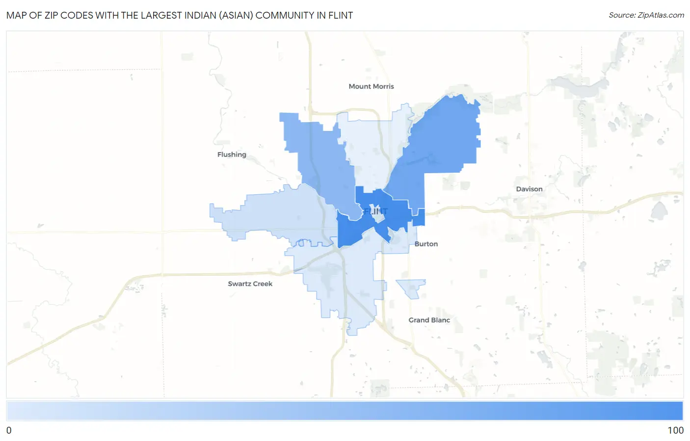 Zip Codes with the Largest Indian (Asian) Community in Flint Map