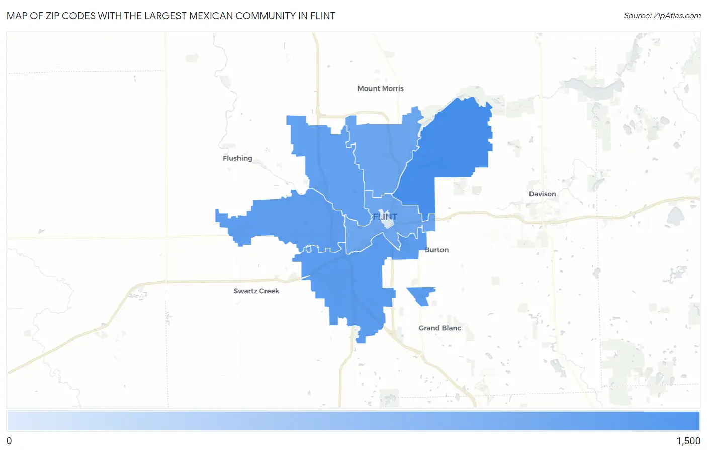 Zip Codes with the Largest Mexican Community in Flint Map