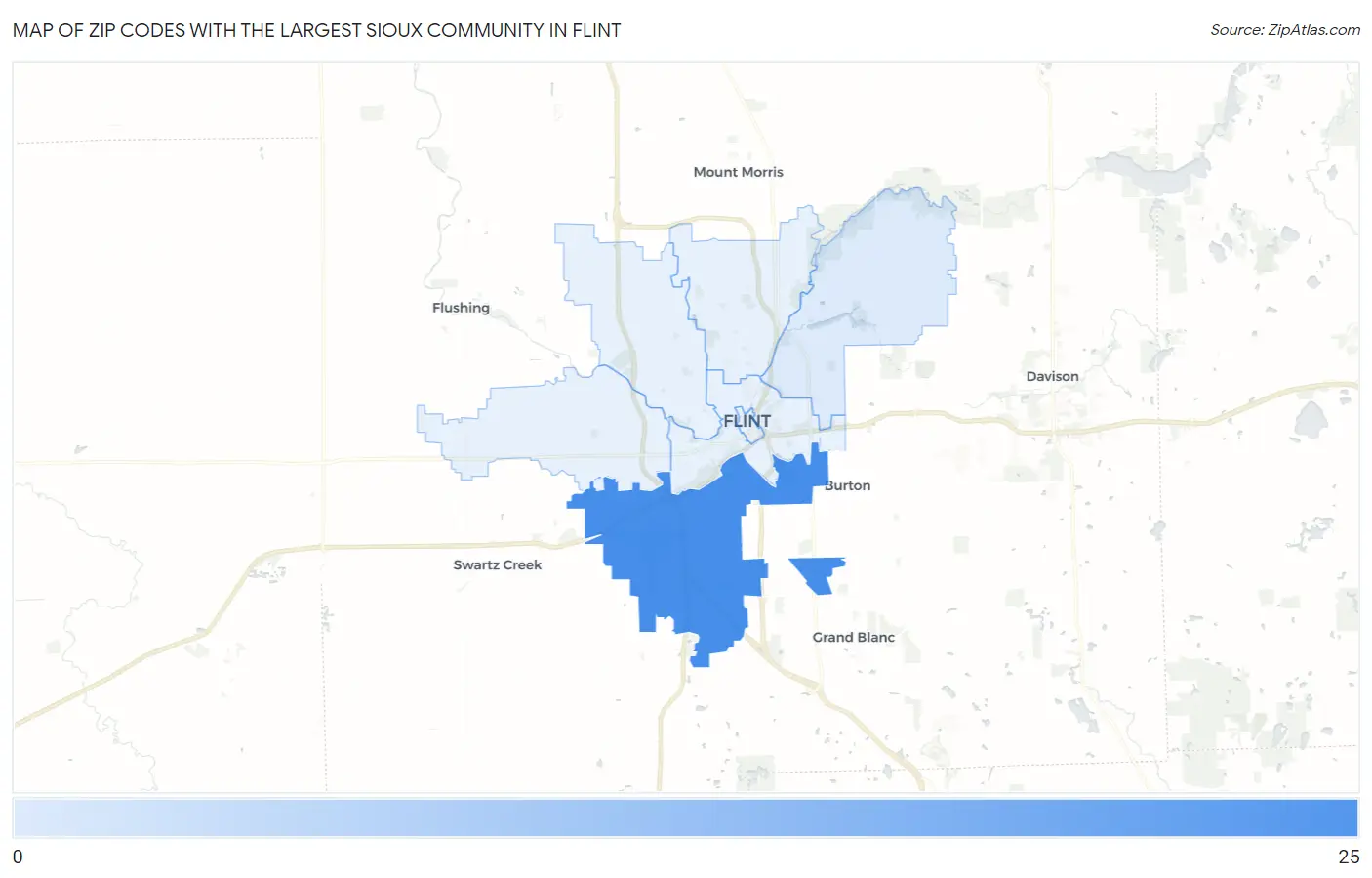 Zip Codes with the Largest Sioux Community in Flint Map