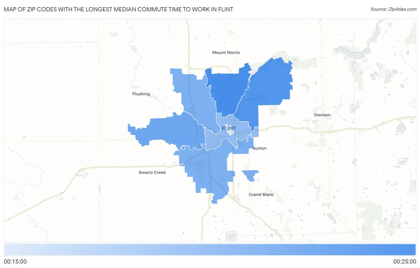 Zip Codes with the Longest Median Commute Time to Work in Flint Map