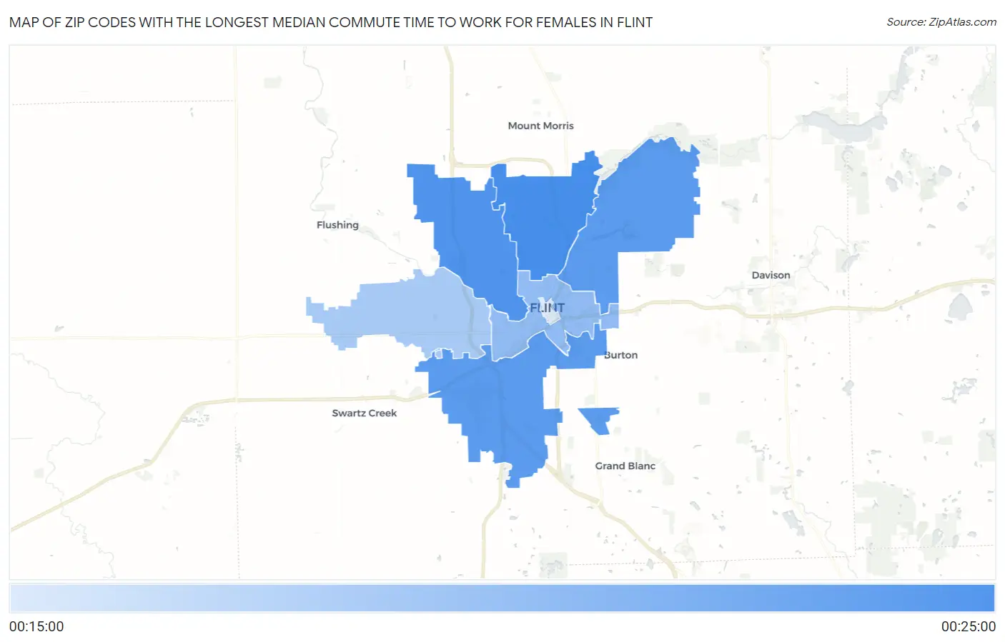 Zip Codes with the Longest Median Commute Time to Work for Females in Flint Map