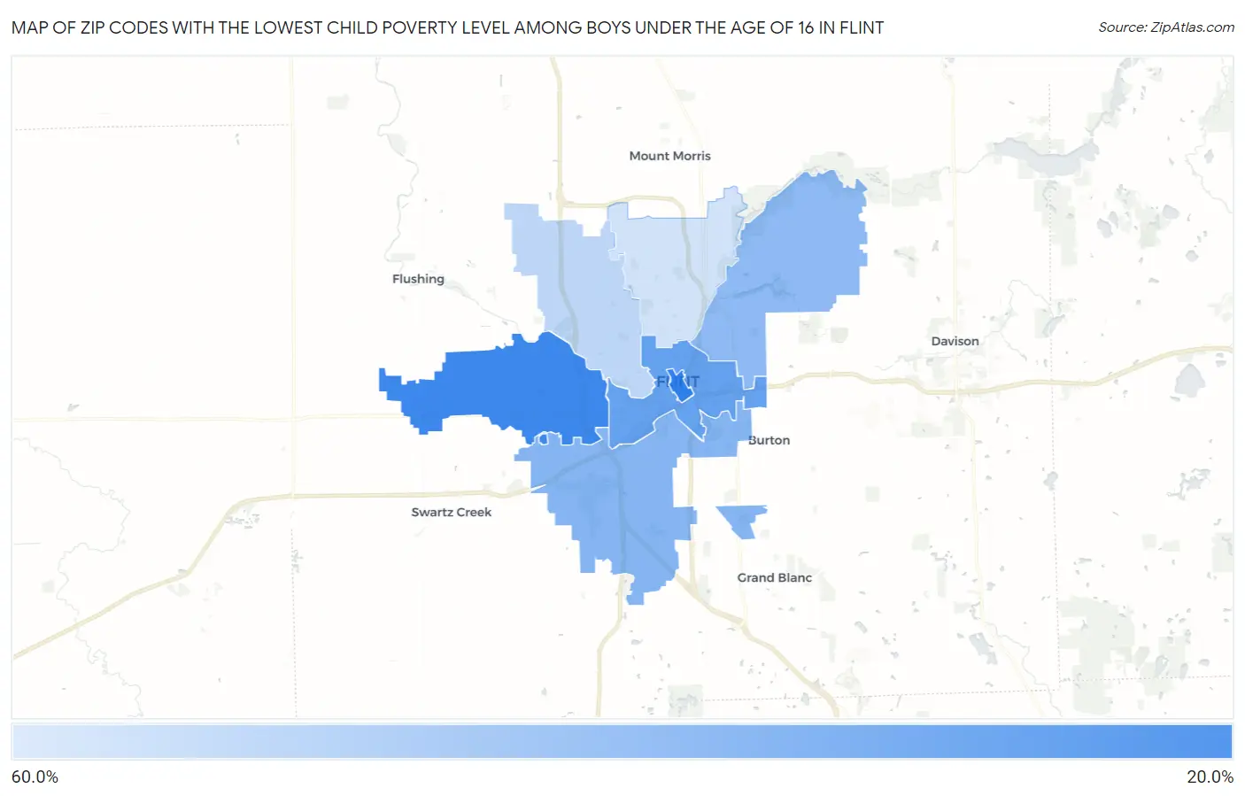 Zip Codes with the Lowest Child Poverty Level Among Boys Under the Age of 16 in Flint Map