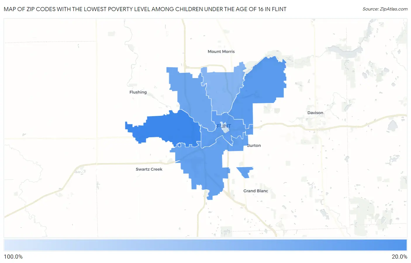 Zip Codes with the Lowest Poverty Level Among Children Under the Age of 16 in Flint Map