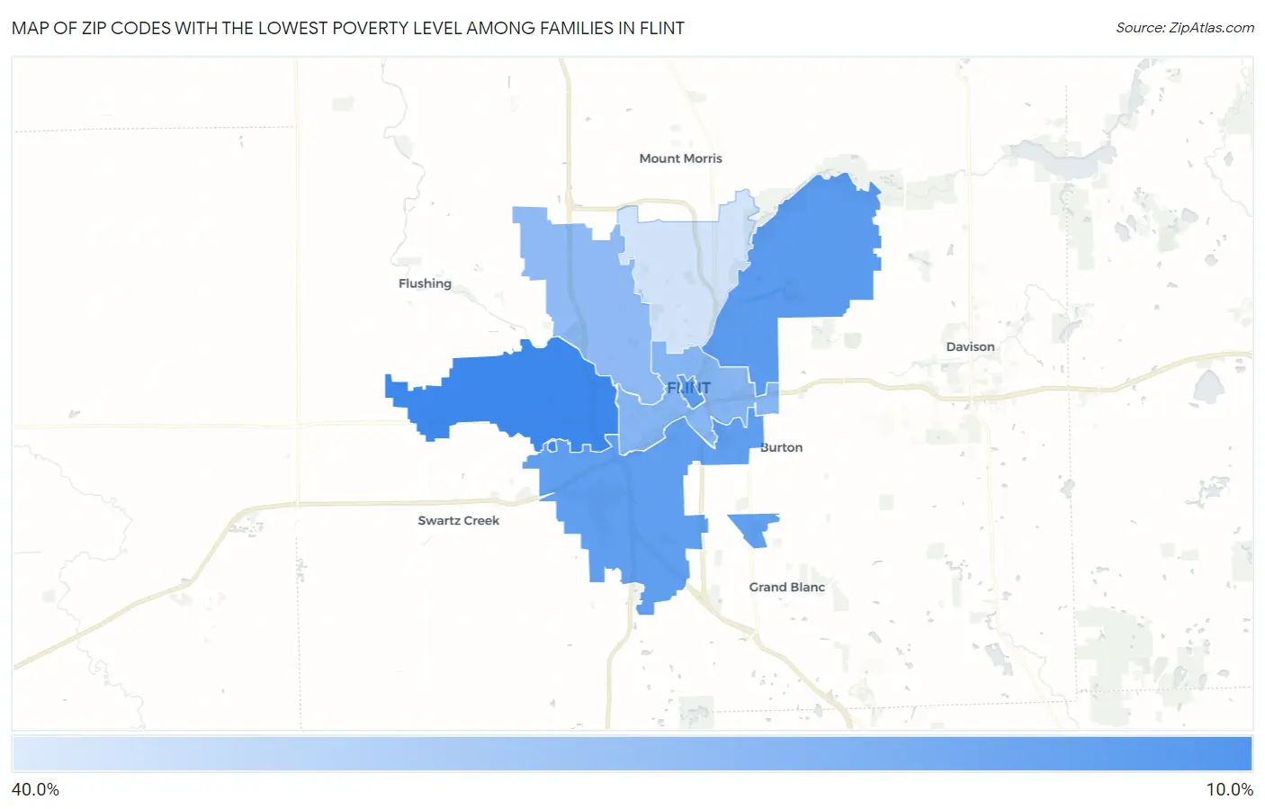 Zip Codes with the Lowest Poverty Level Among Families in Flint Map
