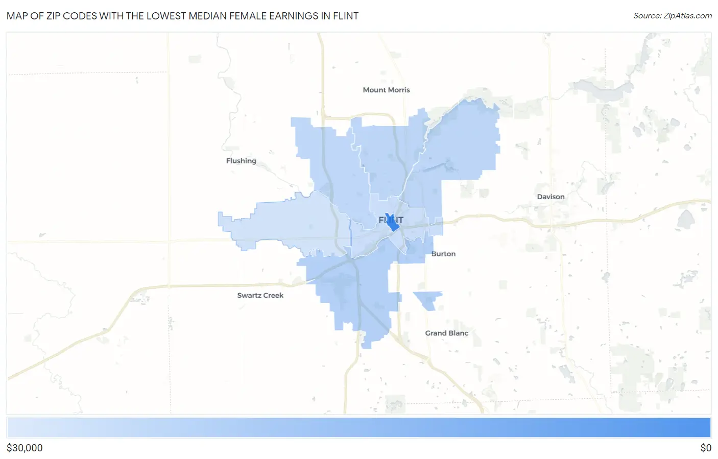 Zip Codes with the Lowest Median Female Earnings in Flint Map